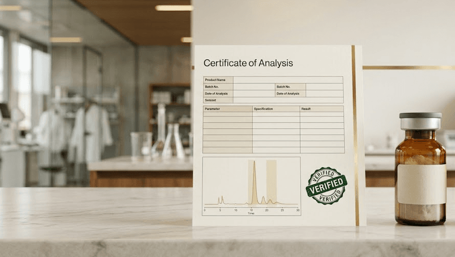 Certificato di analisi (COA) e vial da ricerca