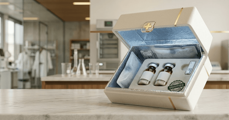 Insulated packaging with peptides and cold packs